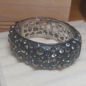 Silvertone And Black Rhinestone Studded Clamper Bracelet Bangle